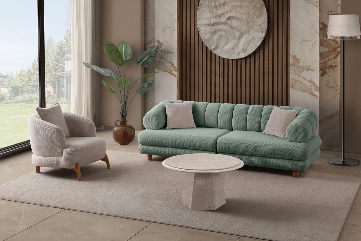 Seegrünes 3-Sitzer Sofa mit Polyesterbezug in Tuna-Struktur, Holzbeinen und abnehmbarem Sitzkissen, Gestell aus Hainbuche und Spanplatte.
