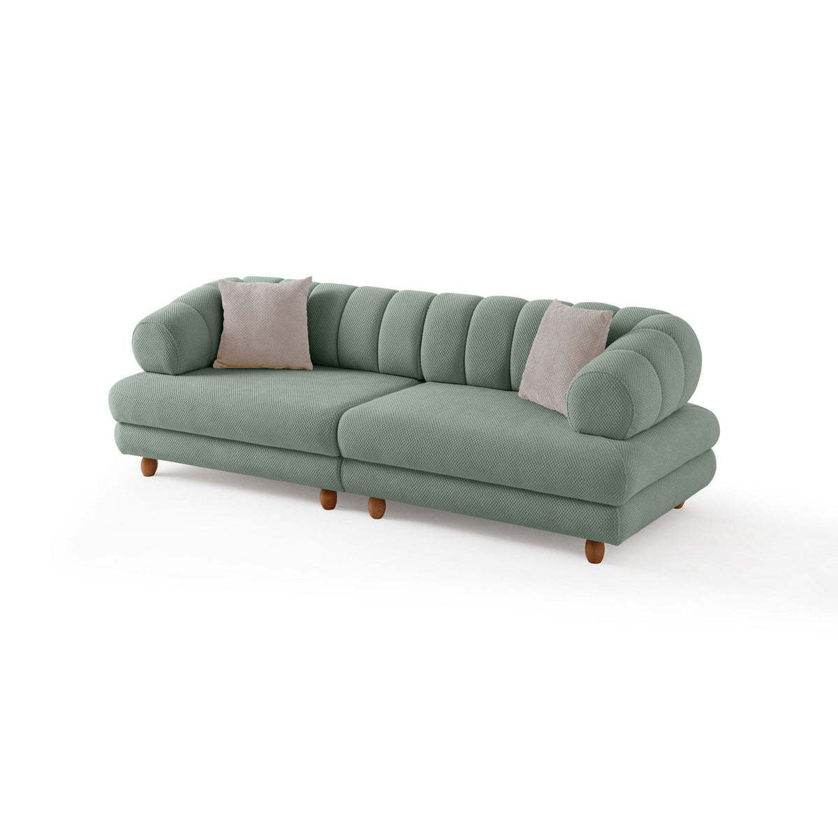 Seegrünes 3-Sitzer Sofa mit Polyesterbezug in Tuna-Struktur, Holzbeinen und abnehmbarem Sitzkissen, Gestell aus Hainbuche und Spanplatte.