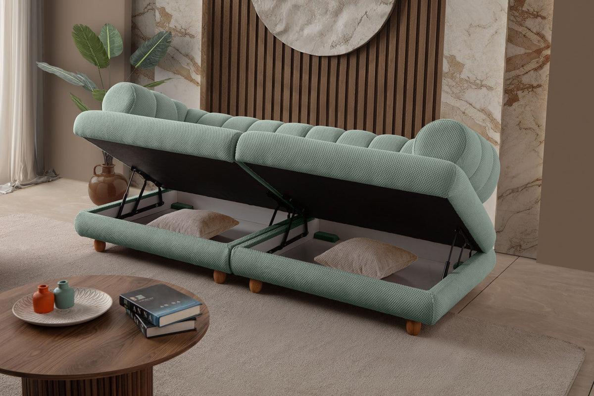 Seegrünes 3-Sitzer Sofa mit Polyesterbezug in Tuna-Struktur, Holzbeinen und abnehmbarem Sitzkissen, Gestell aus Hainbuche und Spanplatte.
