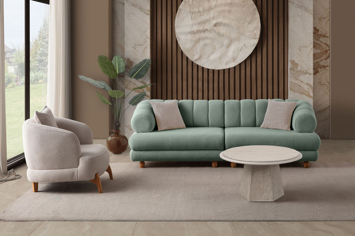 Seegrünes 3-Sitzer Sofa mit Polyesterbezug in Tuna-Struktur, Holzbeinen und abnehmbarem Sitzkissen, Gestell aus Hainbuche und Spanplatte.