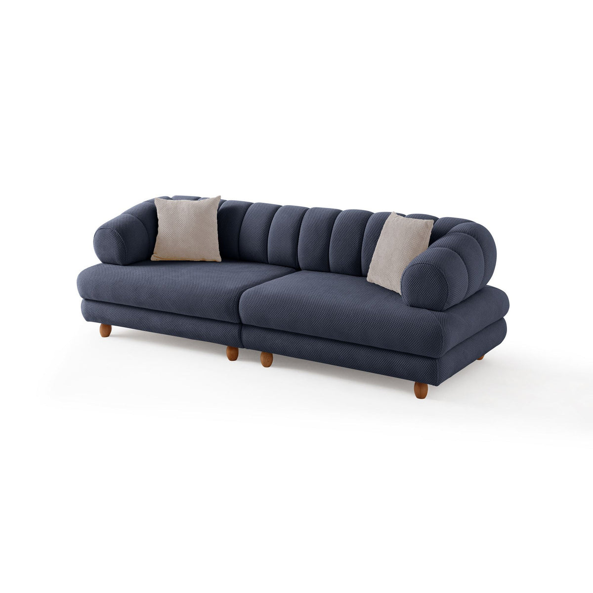 Marineblaues 3-Sitzer Sofa mit Polyesterbezug, Holzbeinen und zwei Kissen, Gestell aus Hainbuche und Spanplatte, Hanah Home.