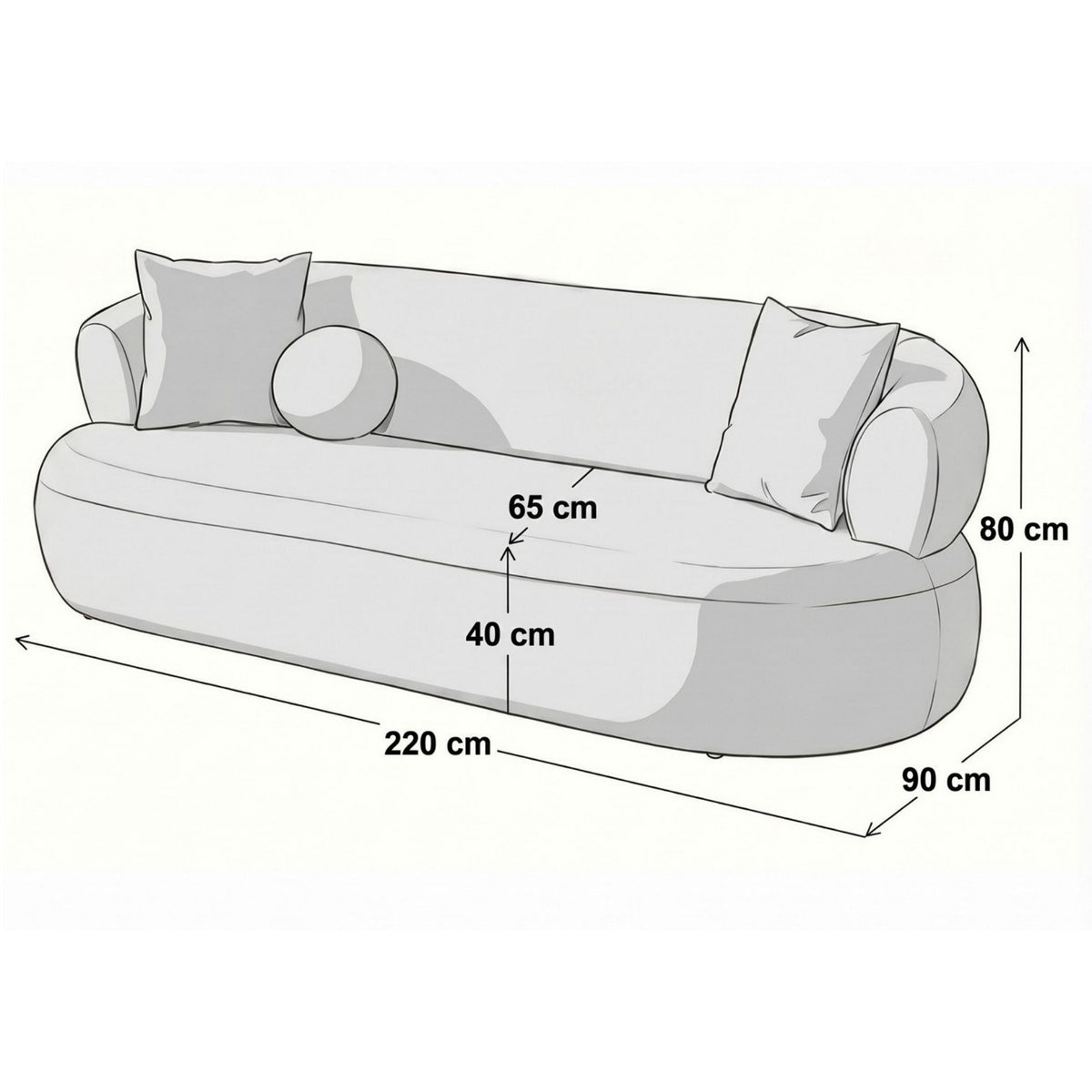 Foto eines 3-Sitzer Sofas in Mink mit Boucle-Stoffbezug, Kunststoffbeinen und zwei Kissen, Gestell aus Hainbuche und Spanplatte.