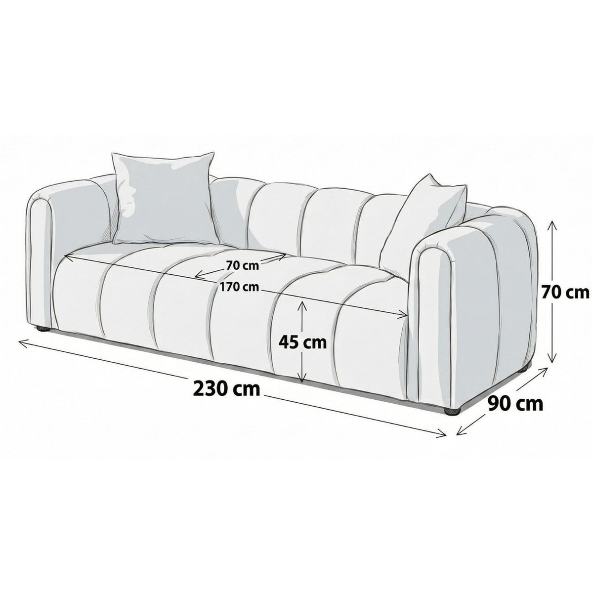 Graues 3-Sitzer Sofa N-Line von Hanah Home mit Boucle-Stoffbezug, Kunststoffbeinen und zwei losen Kissen im Wohnraum.