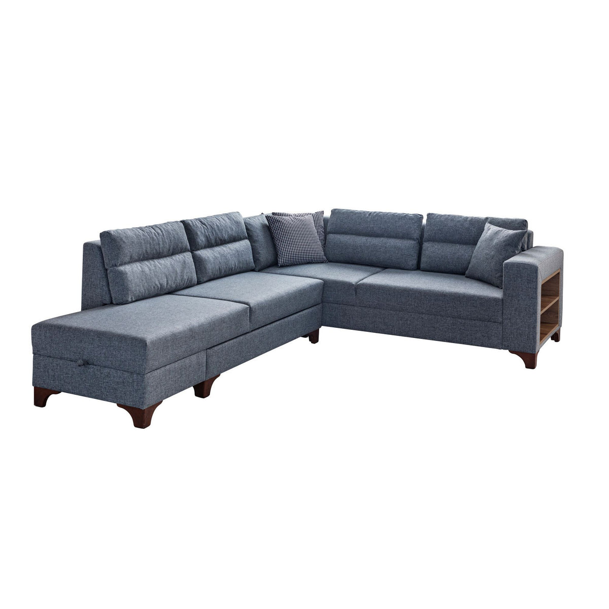 Graues Eckschlafsofa T-Loft mit Polyesterbezug in Leinenstruktur, Holzgestell, abnehmbarem Rückenkissen und mehreren Kissen.