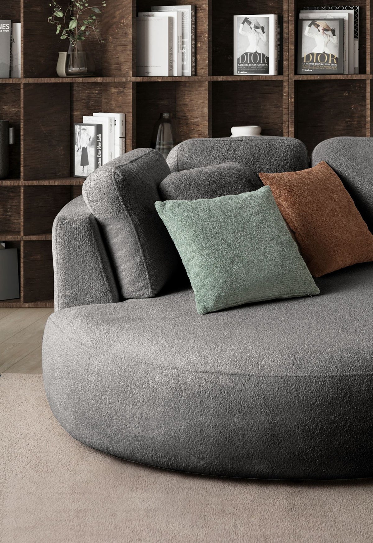 Anthrazitfarbenes Ecksofa Venezia links mit Lounge-Modul, 2-Sitzer-Modul, Kunststoffbeinen und neun Kissen, Polyesterstoff.