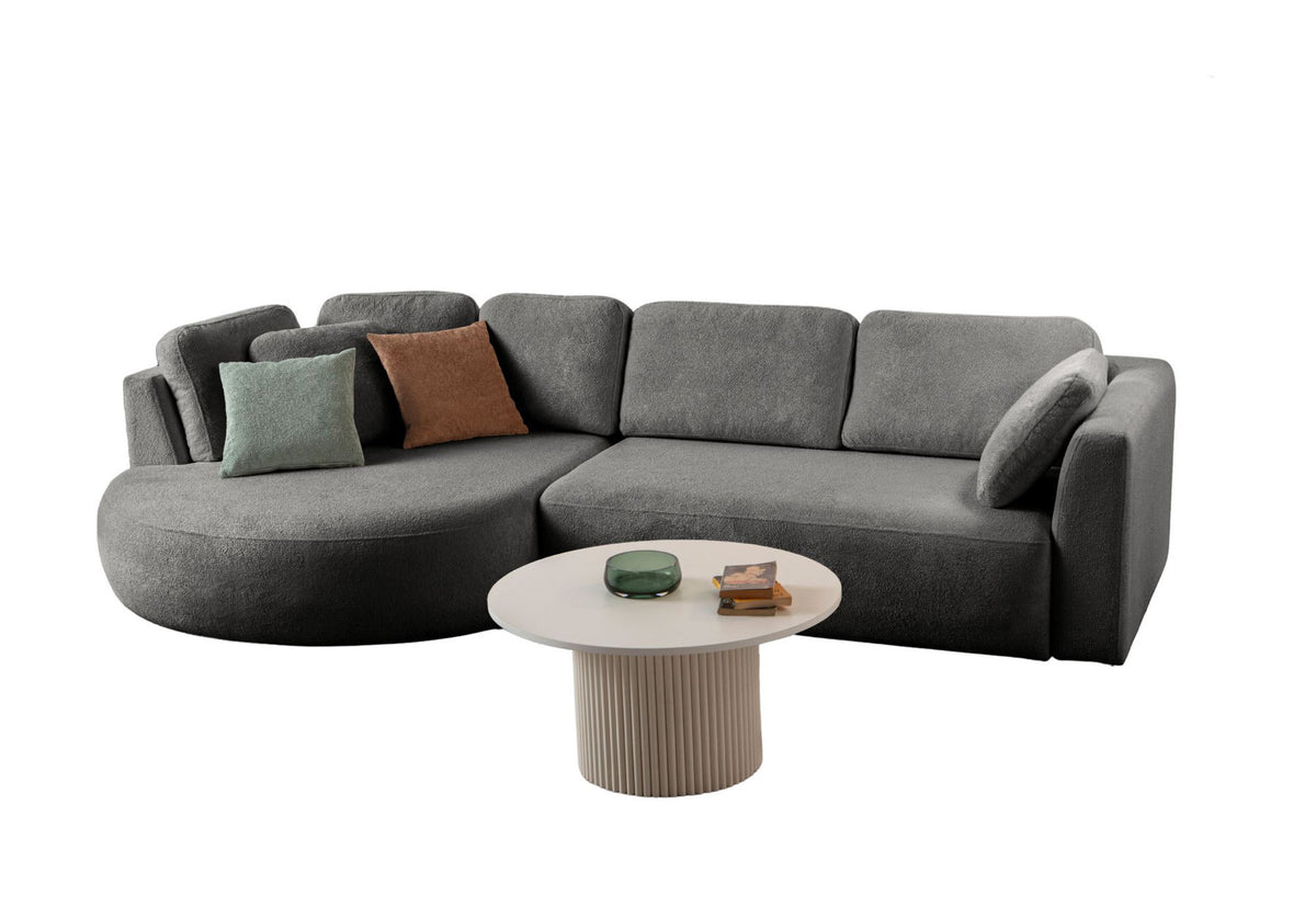 Anthrazitfarbenes Ecksofa Venezia links mit Lounge-Modul, 2-Sitzer-Modul, Kunststoffbeinen und neun Kissen, Polyesterstoff.