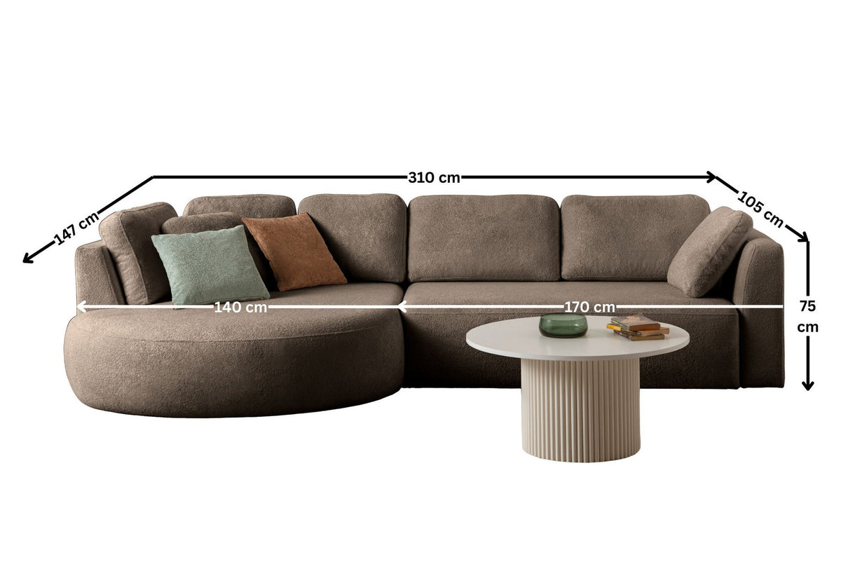 Dunkelbraunes Ecksofa Venezia mit Polyesterstoff, Kunststoffbeinen und neun Kissen, Eckform links, Loungemodul und 2-Sitzer-Modul kombiniert.