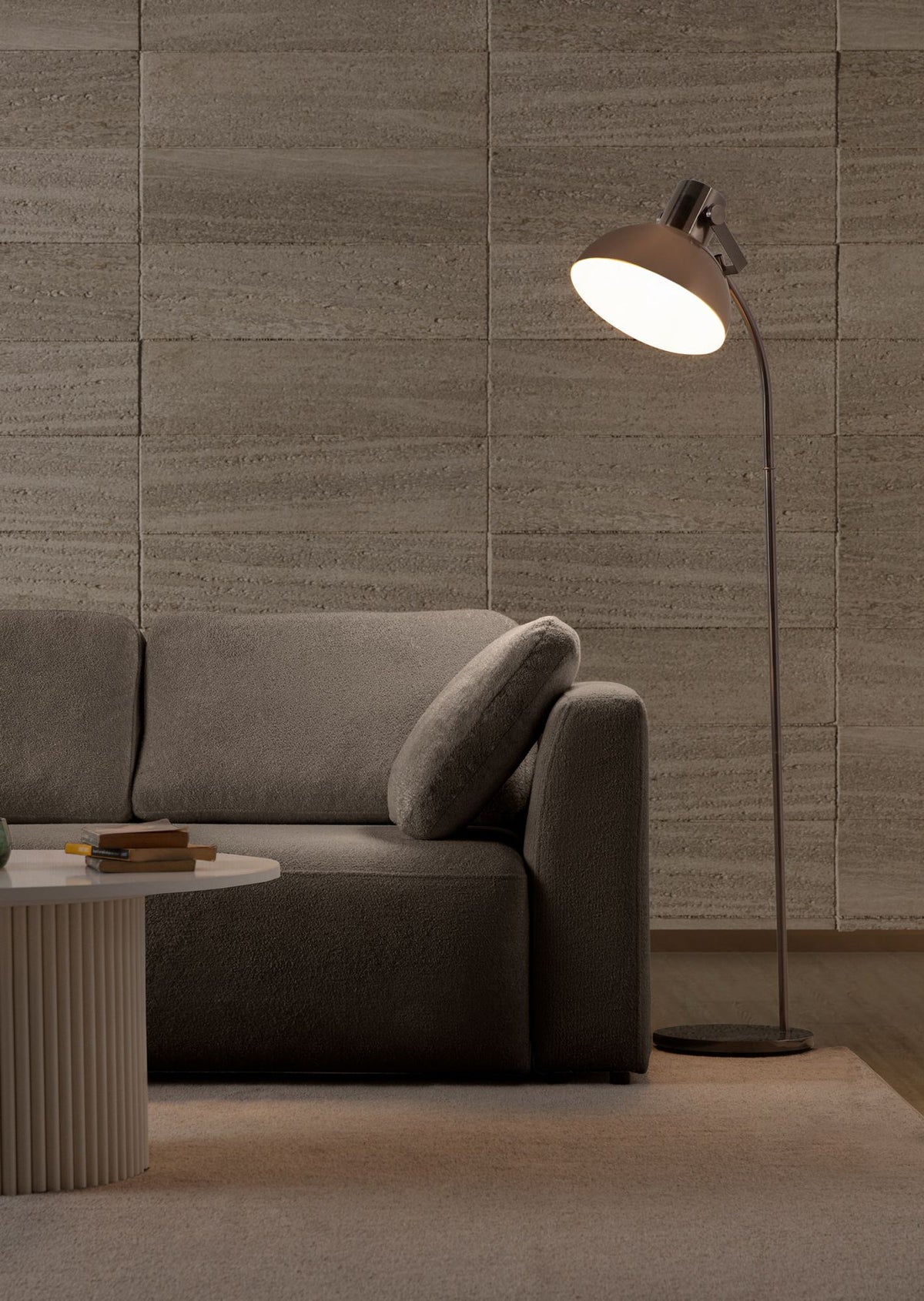 Dunkelbraunes Ecksofa Venezia mit Polyesterstoff, Kunststoffbeinen und neun Kissen, Eckform links, Loungemodul und 2-Sitzer-Modul kombiniert.