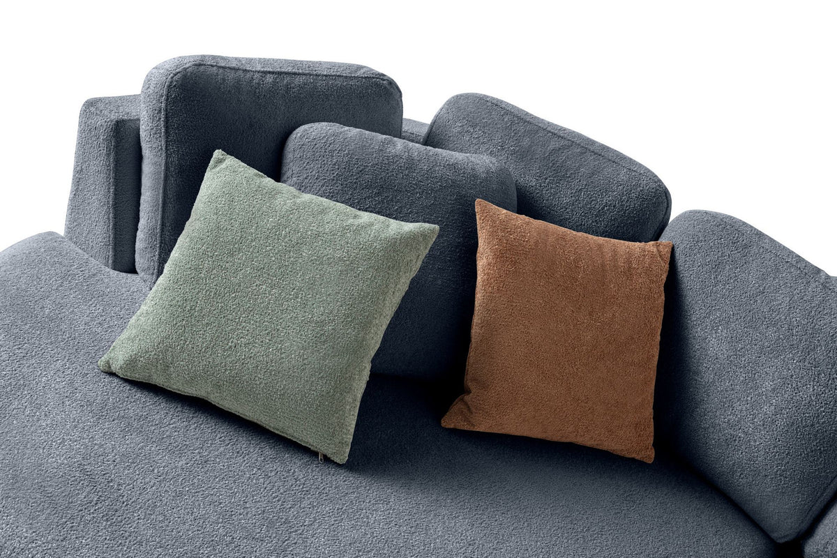 Marineblaues Ecksofa Venezia mit Polyesterbezug, Hainbuchen-Gestell, Kunststoffbeinen und neun losen Kissen, Loungemodul links.