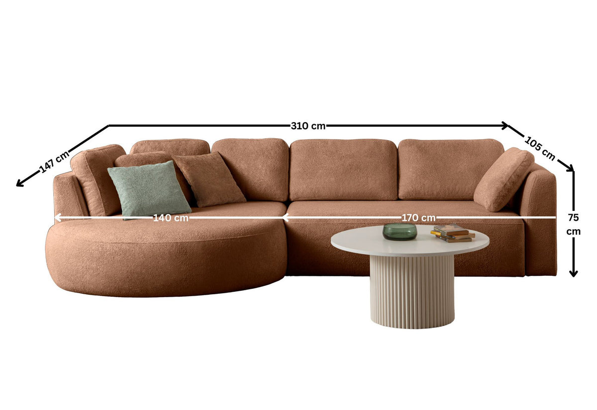 Ecksofa links in Nerzfarbe mit Polyesterbezug, Hainbuchengestell, abnehmbarem Rückenkissen und neun losen Kissen, Kunststoffbeine sichtbar.