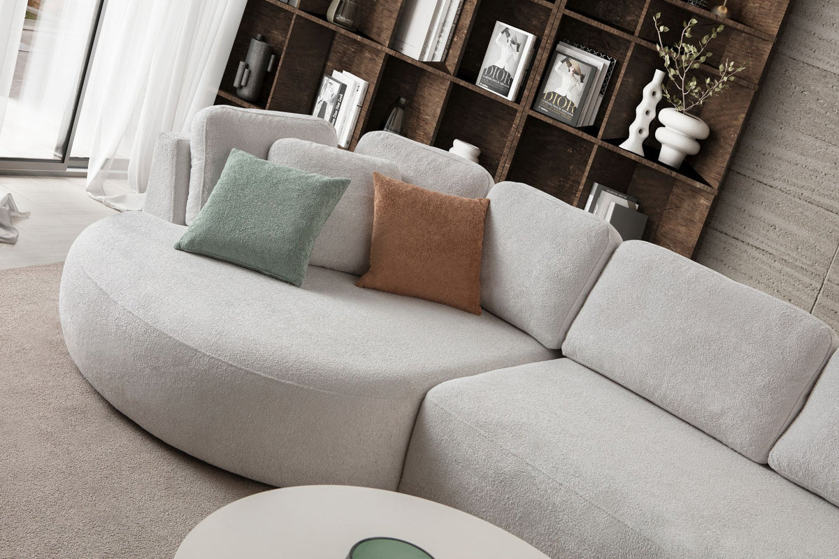 Weisses Ecksofa Venezia von Hanah Home mit Polyesterbezug, Kunststoffbeinen und abnehmbarem Rückenkissen, Eckmodul links.