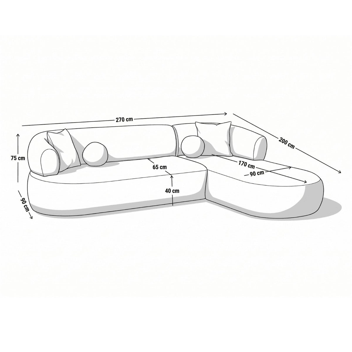 Dunkelgraues Roma Ecksofa rechts von Hanah Home mit Boucle-Stoff, Kunststoffbeinen und vier passenden Kissen im Wohnzimmer.