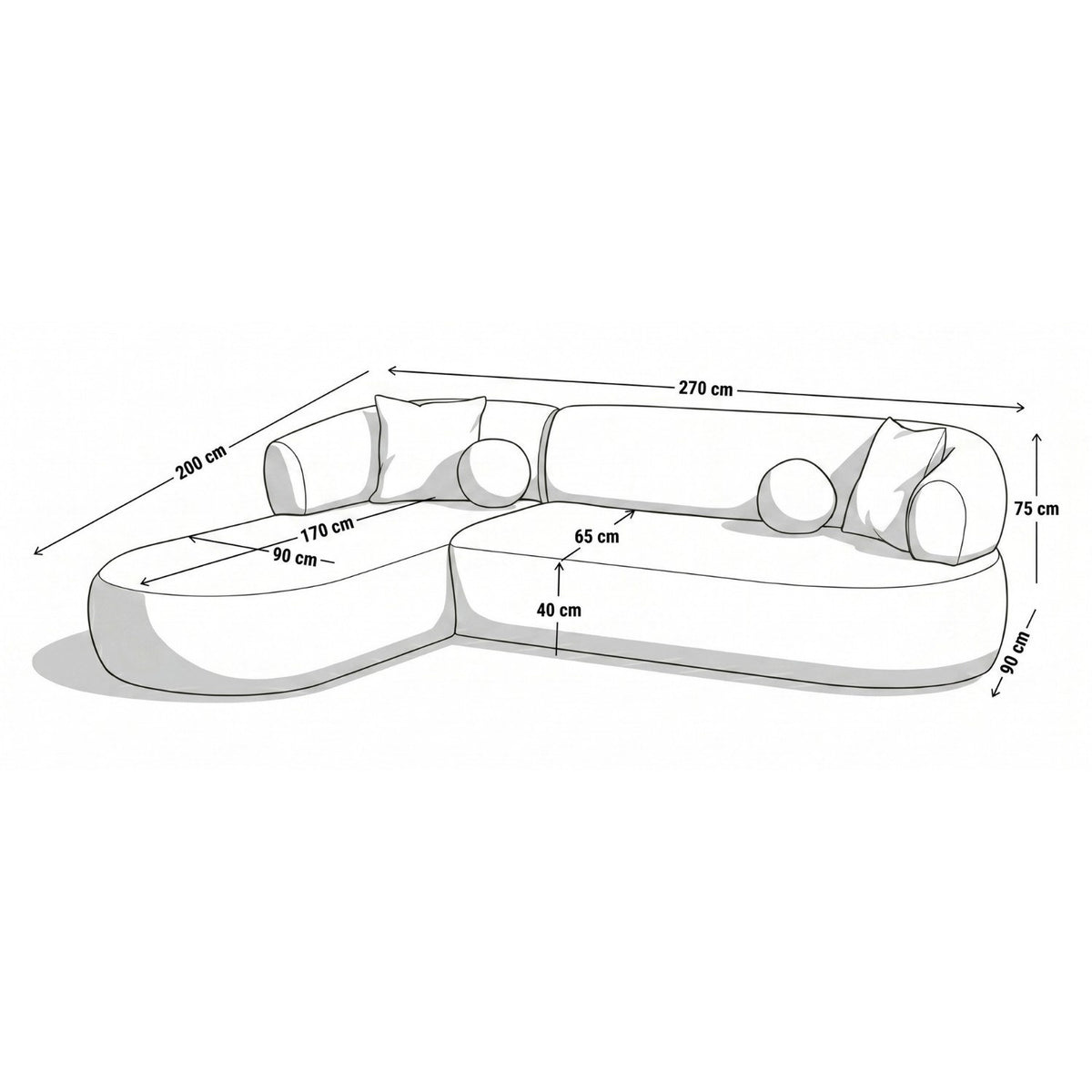 Graues Ecksofa links mit Boucle-Stoffbezug, Gestell aus Hainbuche und Spanplatte, Kunststoffbeinen und vier losen Kissen im Wohnzimmer.