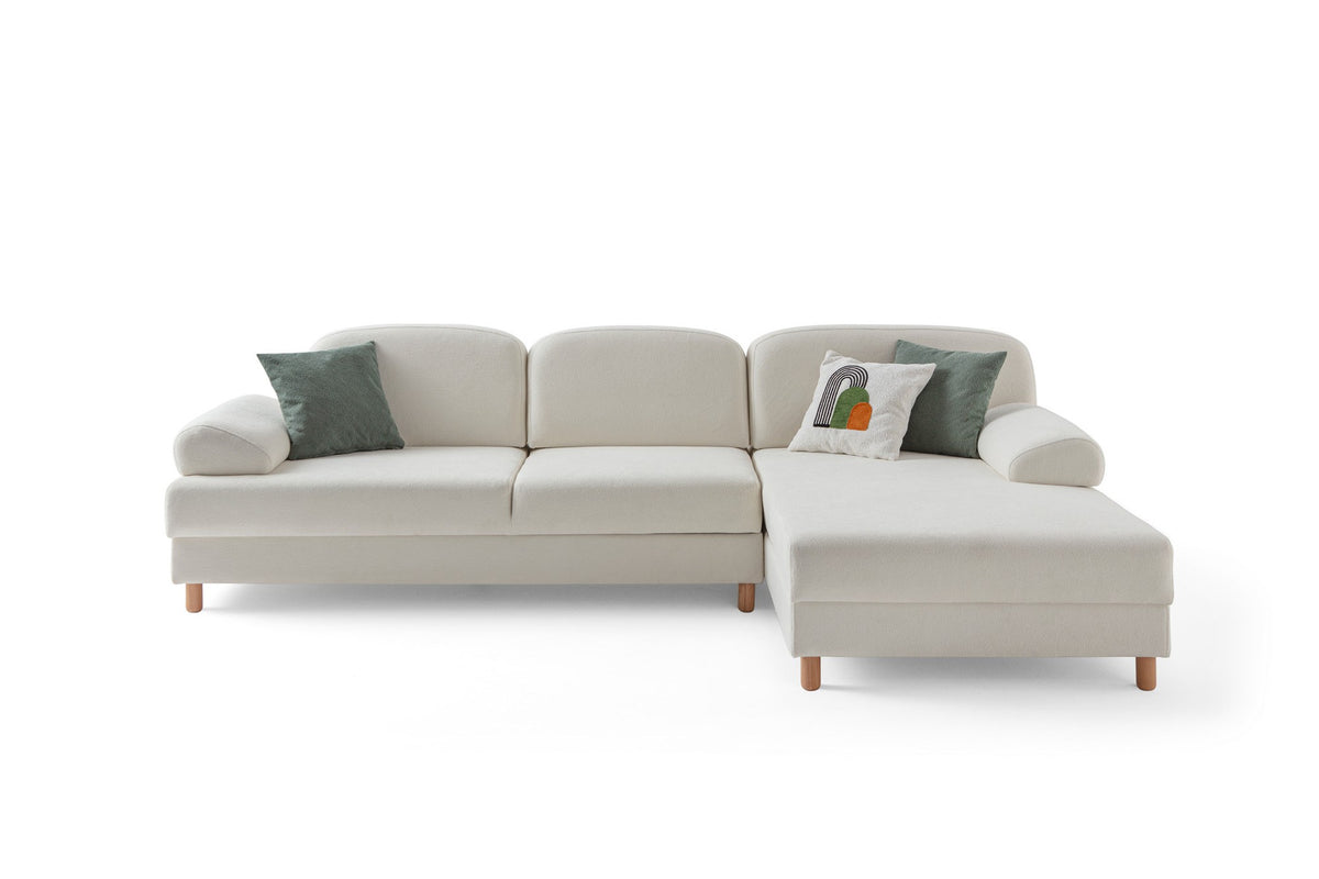 Weisses Eck-Schlafsofa Aries mit Coco-Boucle-Stoff, Holzbeinen und verstellbarer Rückenlehne, rechte Ausführung, Hanah Home.