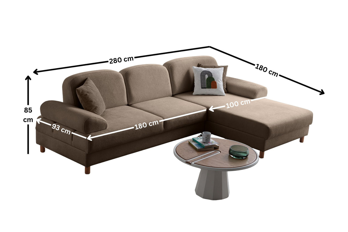 Braunes Eck-Schlafsofa Aries mit Coco-Boucle-Stoff, Holzbeinen und ausklappbarer Liegefläche in der rechten Ausführung von Hanah Home