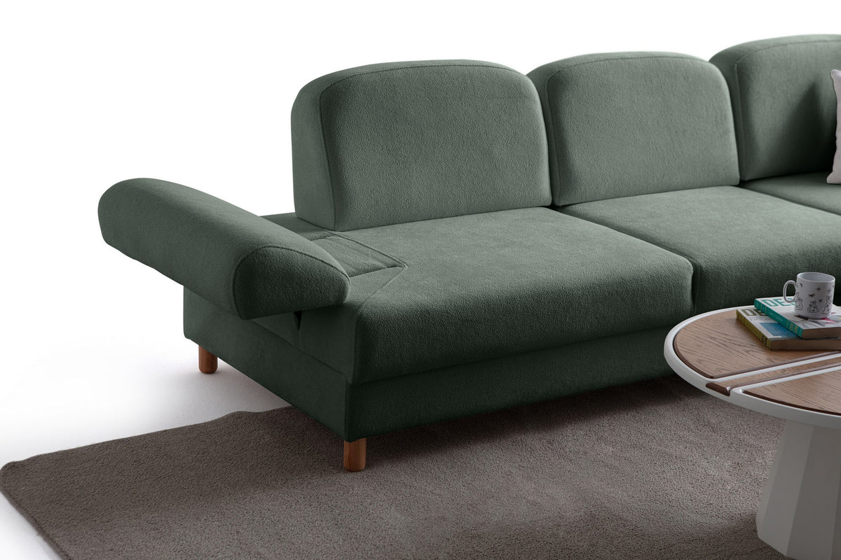 Grünes Eck-Schlafsofa Aries von Hanah Home mit Coco-Boucle-Stoff, Holzbeinen und Aufbewahrungstruhe, rechts ausgerichtet.