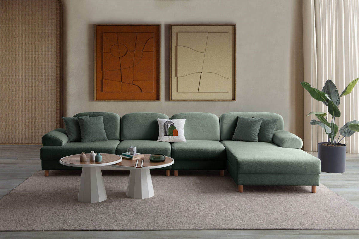 Grünes Eck-Schlafsofa Aries Relax Joker mit Coco-Boucle-Stoff, Holzbeinen und ausziehbarer Liegefläche, rechtsseitig positioniert.