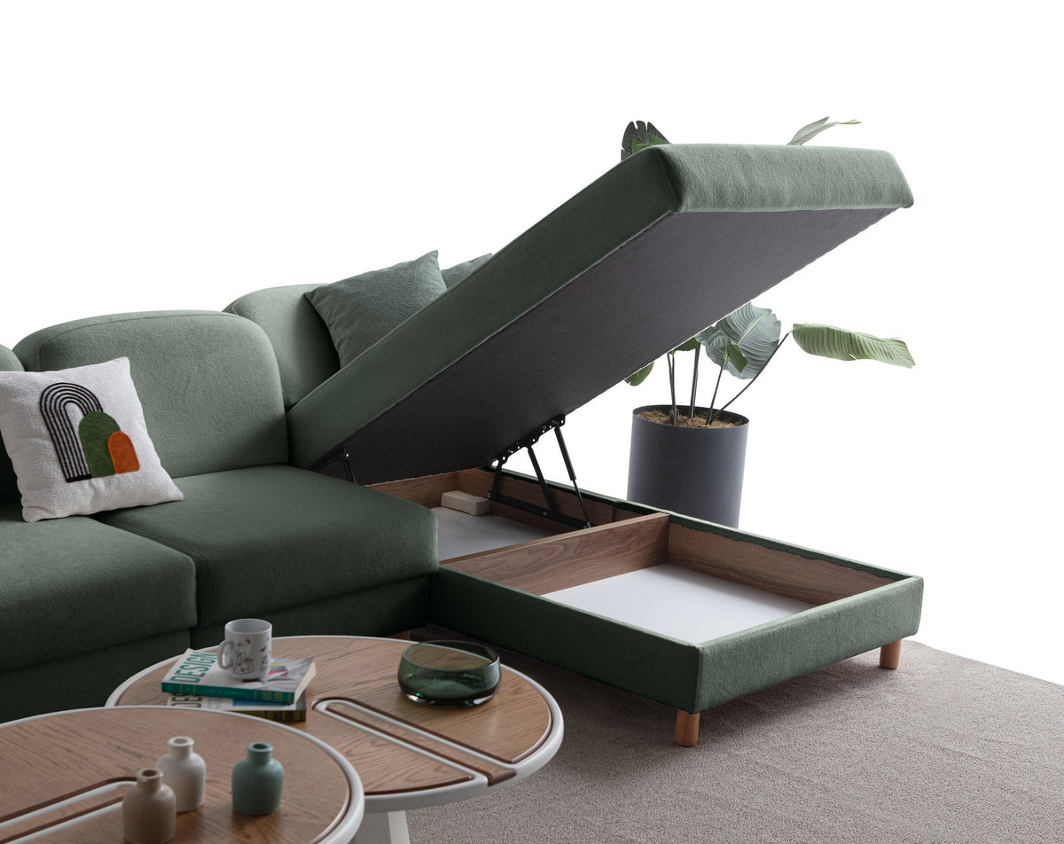 Grünes Eck-Schlafsofa Aries Relax Joker mit Coco-Boucle-Stoff, Holzbeinen und ausziehbarer Liegefläche, rechtsseitig positioniert.