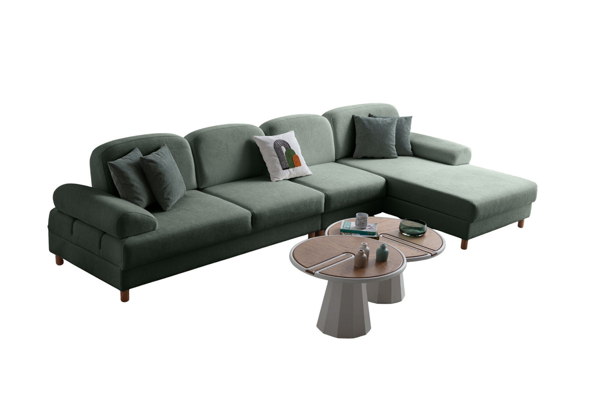 Grünes Eck-Schlafsofa Aries Relax Joker mit Coco-Boucle-Stoff, Holzbeinen und ausziehbarer Liegefläche, rechtsseitig positioniert.