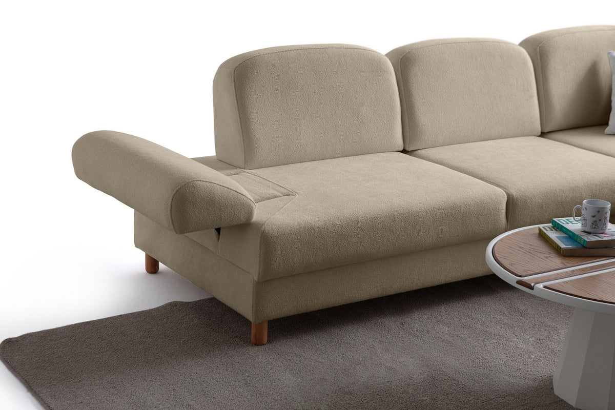 Eck-Schlafsofa Aries rechts in Milchkaffee mit Coco-Boucle-Stoff, Holzbeinen und Bettkasten, Ansicht von vorne.