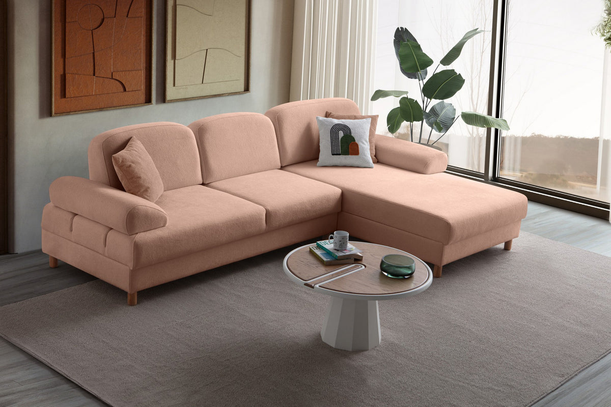 Eck-Schlafsofa Aries in Altrosa mit Coco-Boucle-Stoffbezug, Holzbeinen und ausklappbarer Liegefläche, rechte Ausführung.