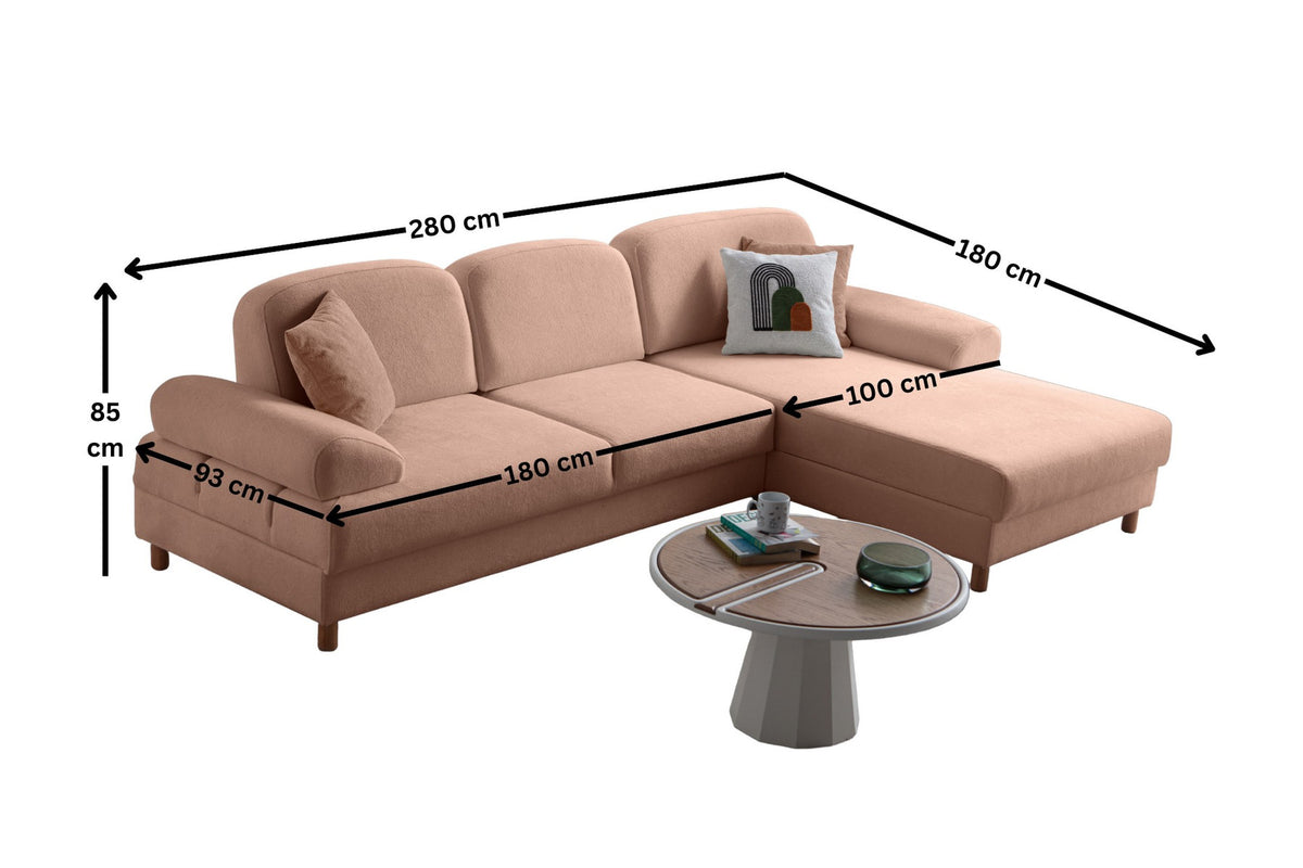 Eck-Schlafsofa Aries in Altrosa mit Coco-Boucle-Stoffbezug, Holzbeinen und ausklappbarer Liegefläche, rechte Ausführung.