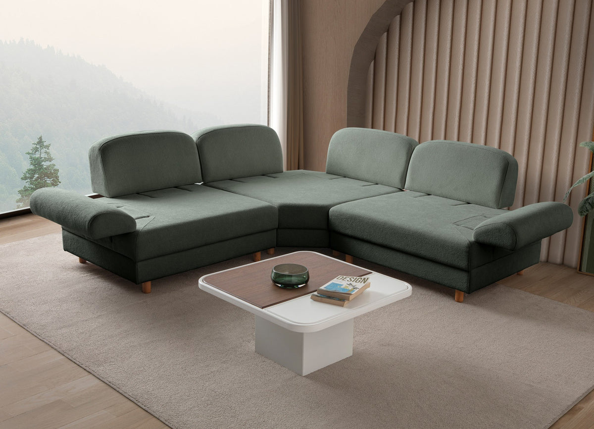 Grünes Eck-Schlafsofa Aries Modular S von Hanah Home mit Coco-Boucle-Stoffbezug, Holzbeinen und integrierter Truhe für Stauraum.