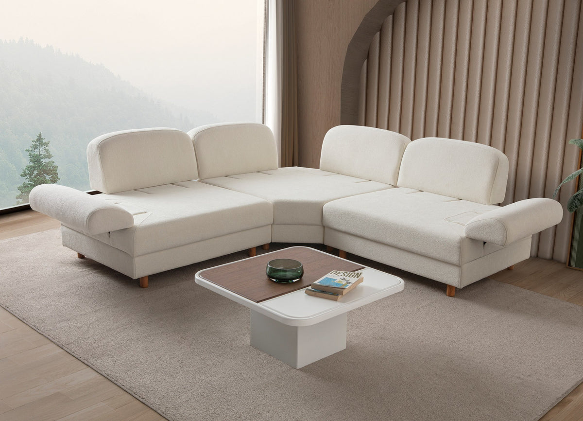 Weisses Eck-Schlafsofa Aries Modular S von Hanah Home mit Boucle-Stoffbezug, Holzbeinen und vier Kissen, Grösse 230x230x85 cm.