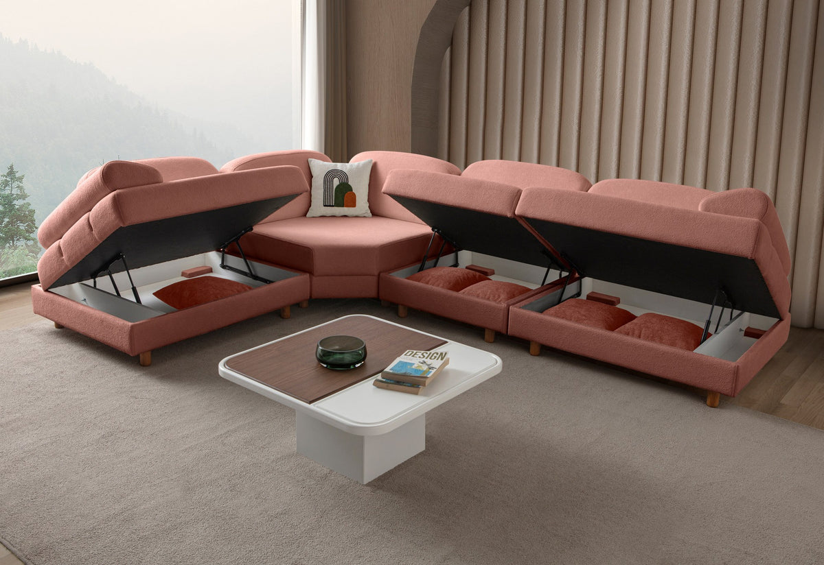 Eck-Schlafsofa Aries Modular M in Altrosa mit Coco-Boucle-Stoff, Holzbeinen und sechs Kissen, Gesamtansicht des Möbelstücks.