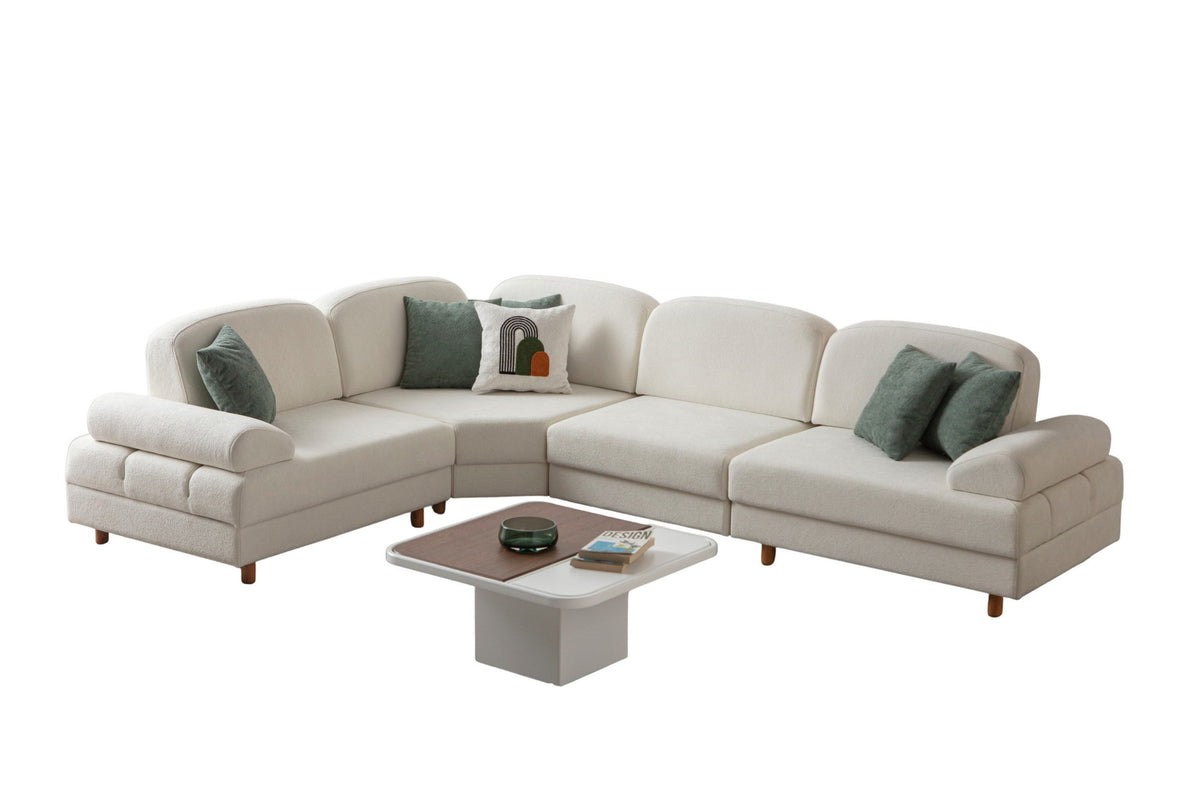 Weisses Eck-Schlafsofa Aries Modular M von Hanah Home mit Coco-Boucle-Stoff, Holzbeinen und Aufbewahrungstruhe, in L-Form.