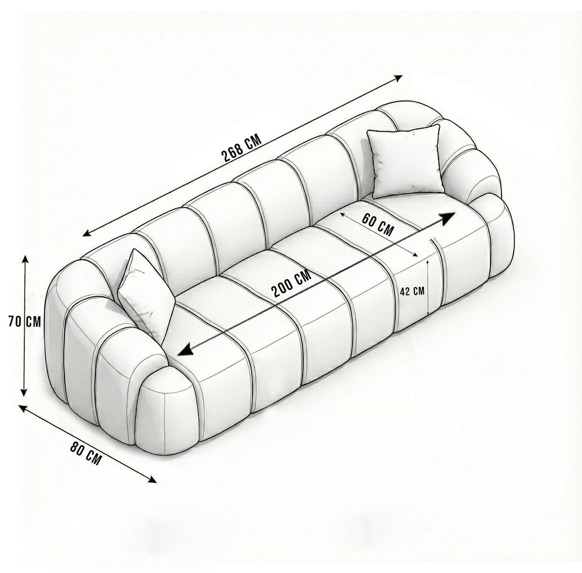 Marineblaues 4-Sitzer Sofa Octavio von Hanah Home mit Polyesterbezug in Venus-Struktur, Kunststoffbeinen und zwei losen Kissen.
