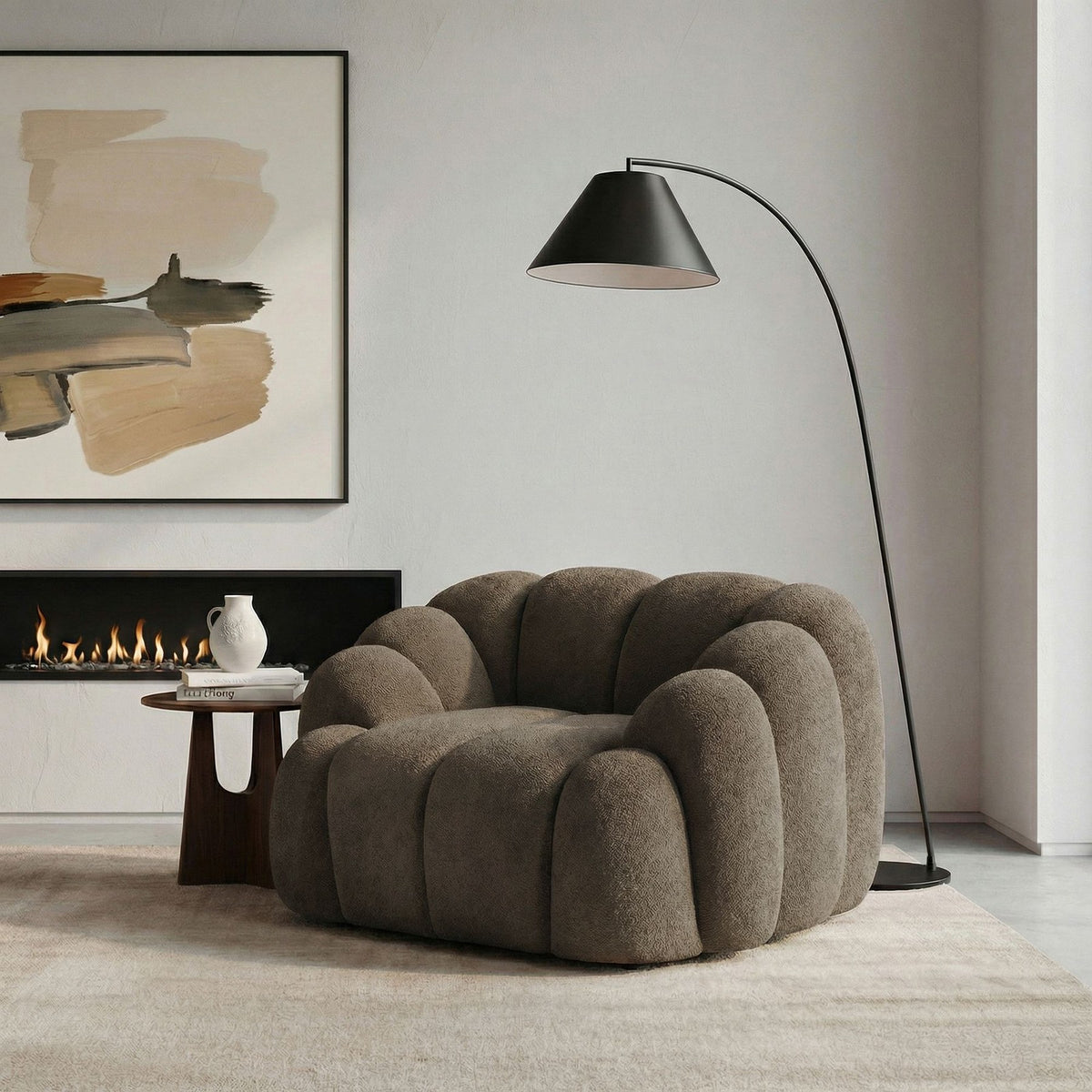 Braunes 1-Sitzer Sofa Octavio aus Polyesterstoff mit Hainbuche-Gestell, Kunststoffbeinen und abnehmbarem Rückenkissen, Frontalansicht.