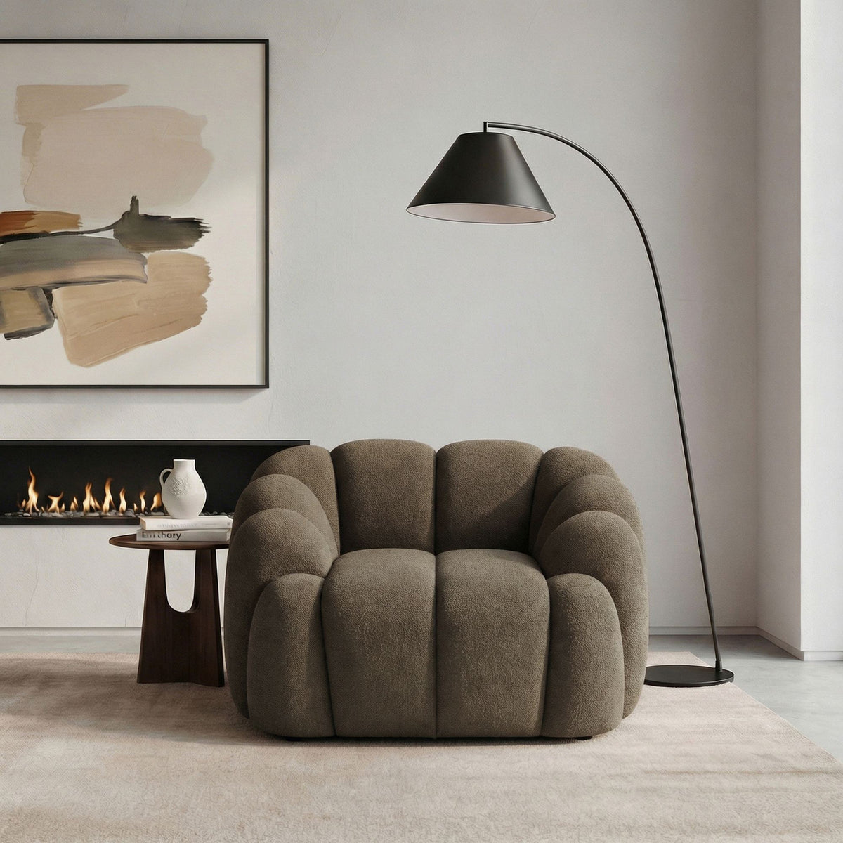 Braunes 1-Sitzer Sofa Octavio aus Polyesterstoff mit Hainbuche-Gestell, Kunststoffbeinen und abnehmbarem Rückenkissen, Frontalansicht.