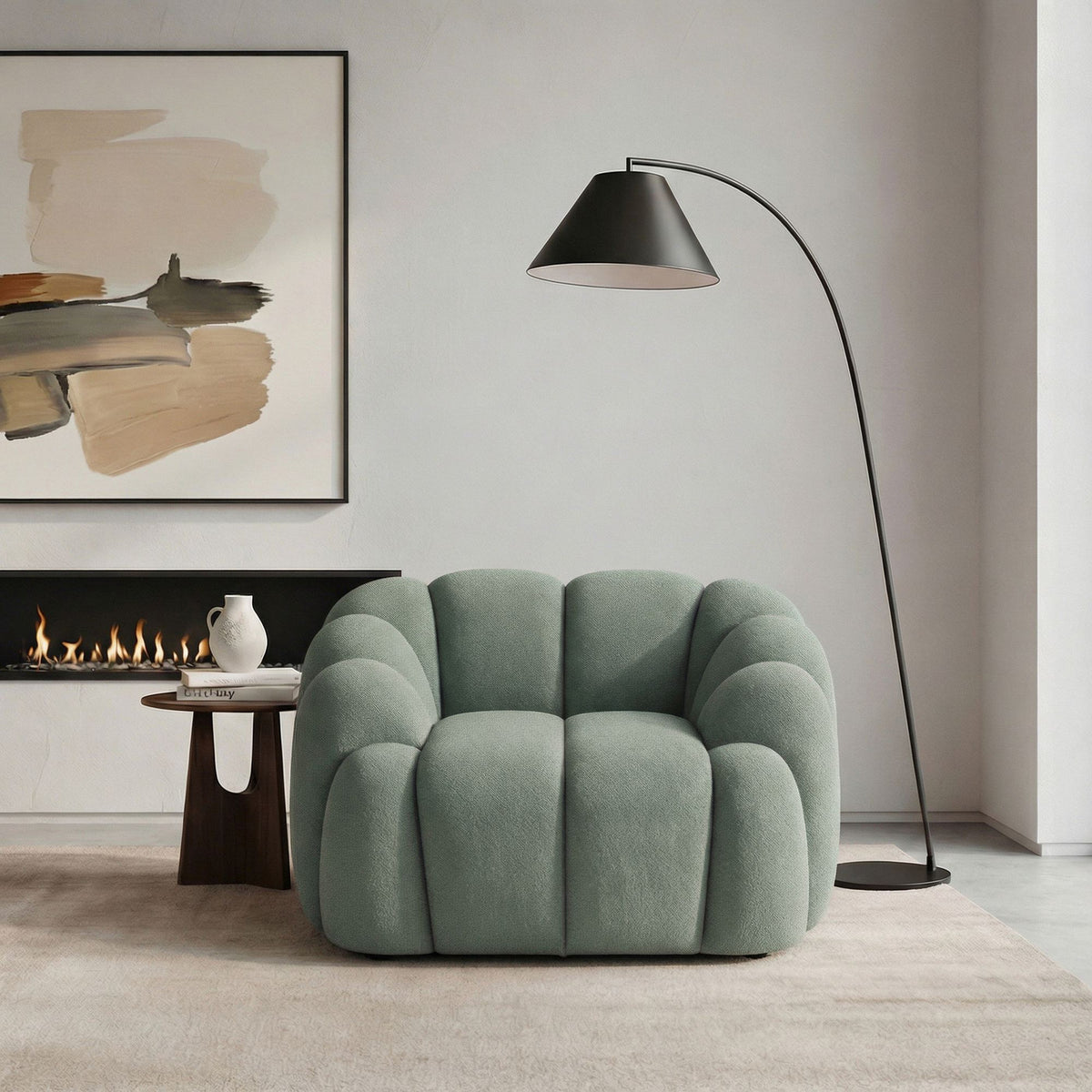 Türkisfarbenes 1-Sitzer Sofa Octavio aus Polyesterstoff mit Kunststoffbeinen, Hainbuche-Gestell und abnehmbarem Rückenkissen, Masse 135x80x70 cm.