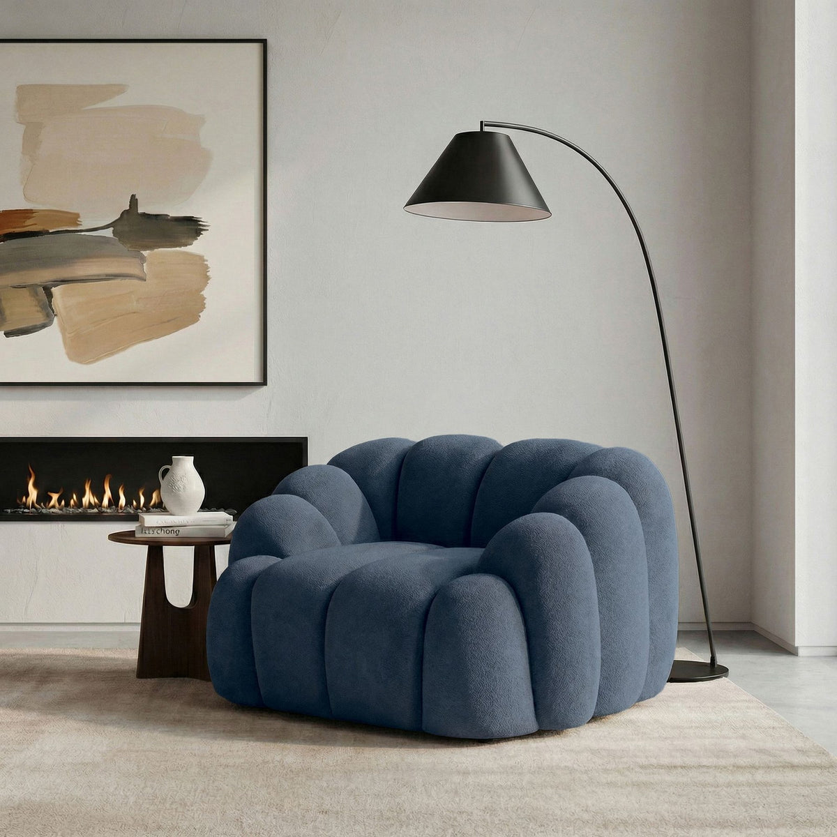 Marineblaues 1-Sitzer Sofa Octavio von Hanah Home mit Polyesterbezug, Kunststoffbeinen und abnehmbarem Rückenkissen, Frontalansicht.