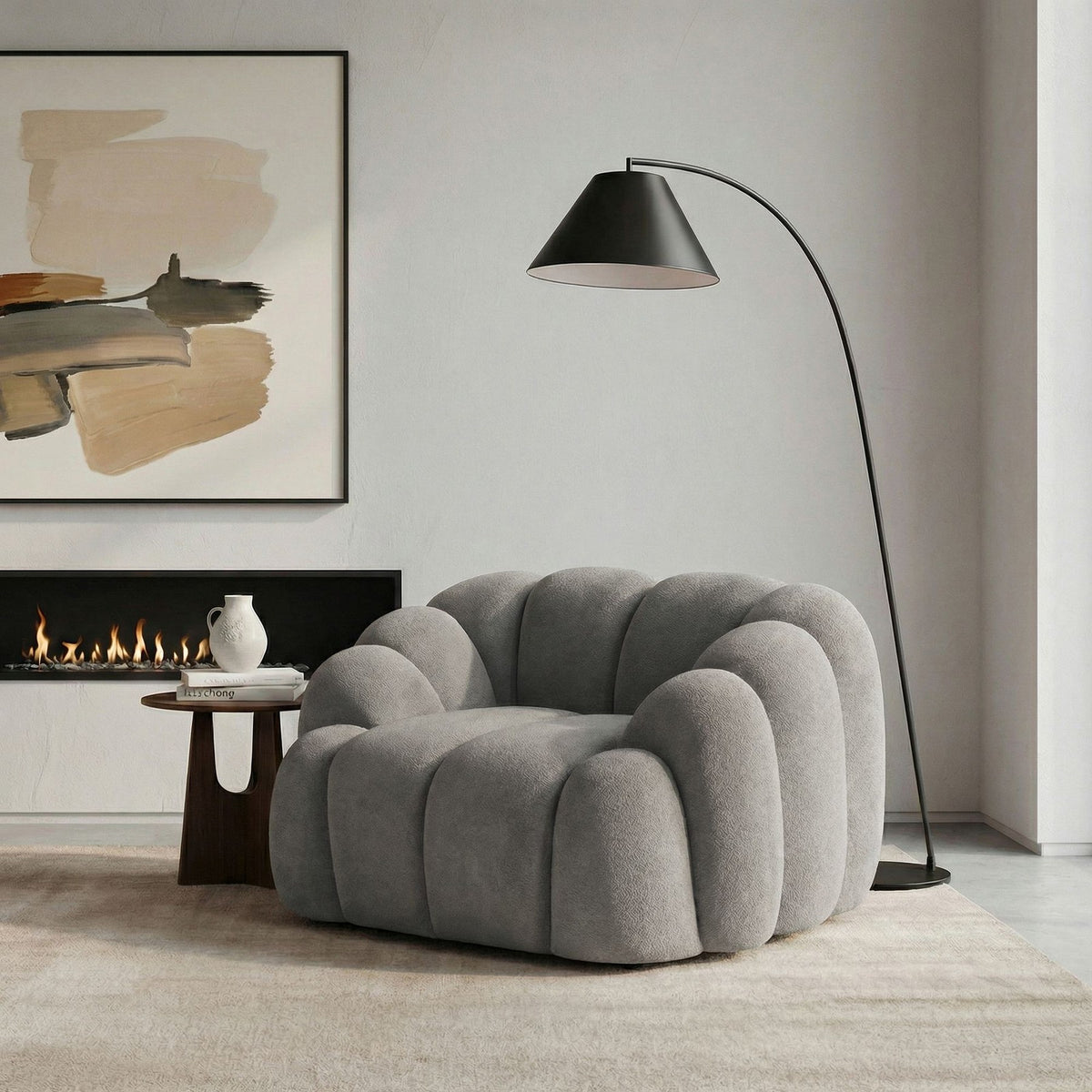 Graues 1-Sitzer Sofa Octavio von Hanah Home mit Polyesterbezug, Holzgestell, Kunststoffbeinen und abnehmbarem Rückenkissen.
