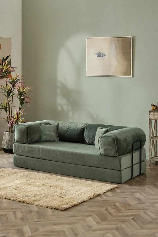 Grünes 2-Sitzer Schlafsofa Kanepe 160 aus Polyester und Leinen mit Eisengestell, Sitzhöhe 36 cm, ausgeklapptes Bett mit 160 x 160 cm.