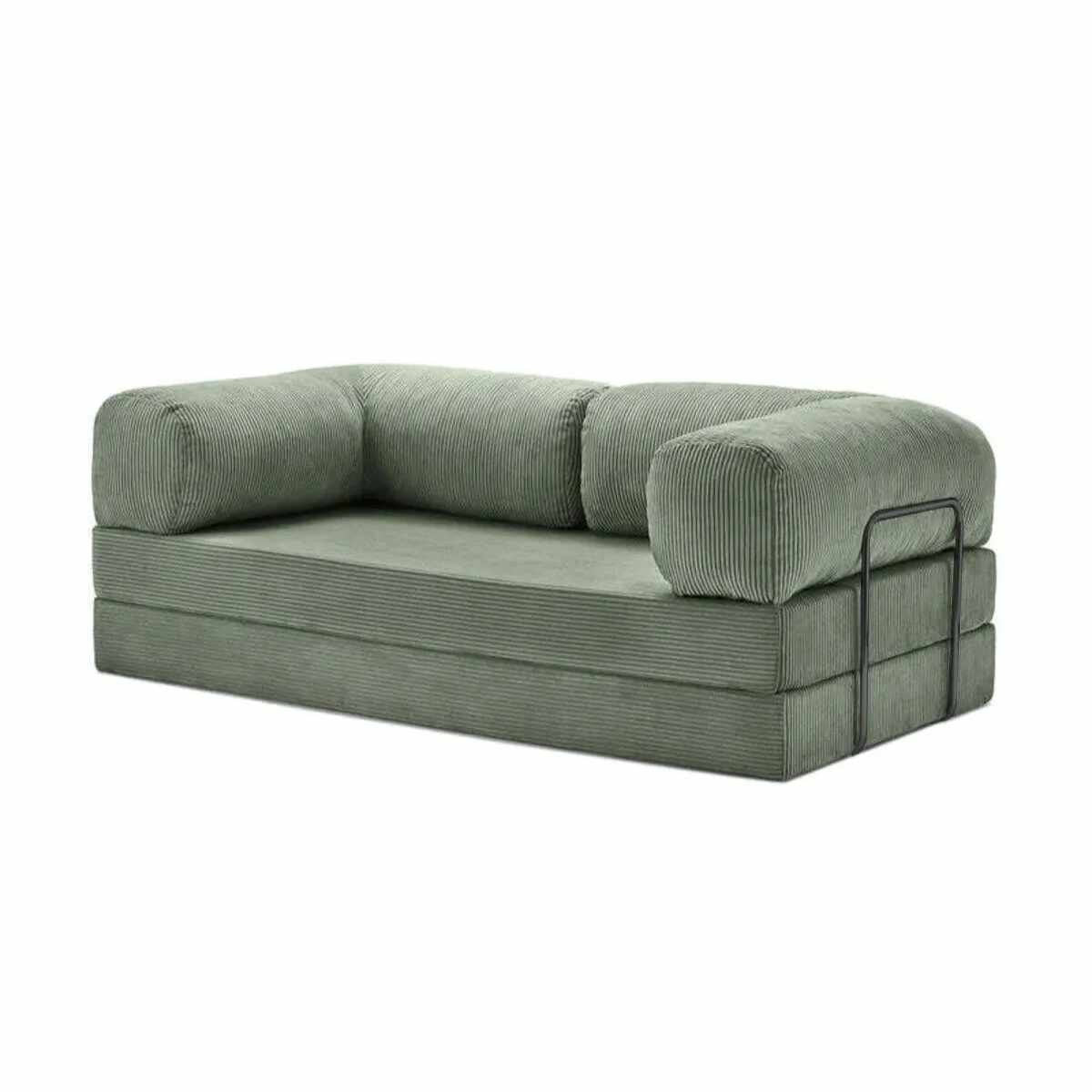 Grünes 2-Sitzer Schlafsofa Kanepe 160 aus Polyester und Leinen mit Eisengestell, Sitzhöhe 36 cm, ausgeklapptes Bett mit 160 x 160 cm.