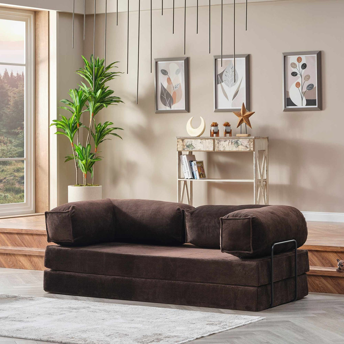 Braunes 2-Sitzer Schlafsofa aus Polyester und Leinen mit Schaumstoffpolsterung, Eisenstützstreben und rutschfester Sohle, Masse 180x90x66 cm.