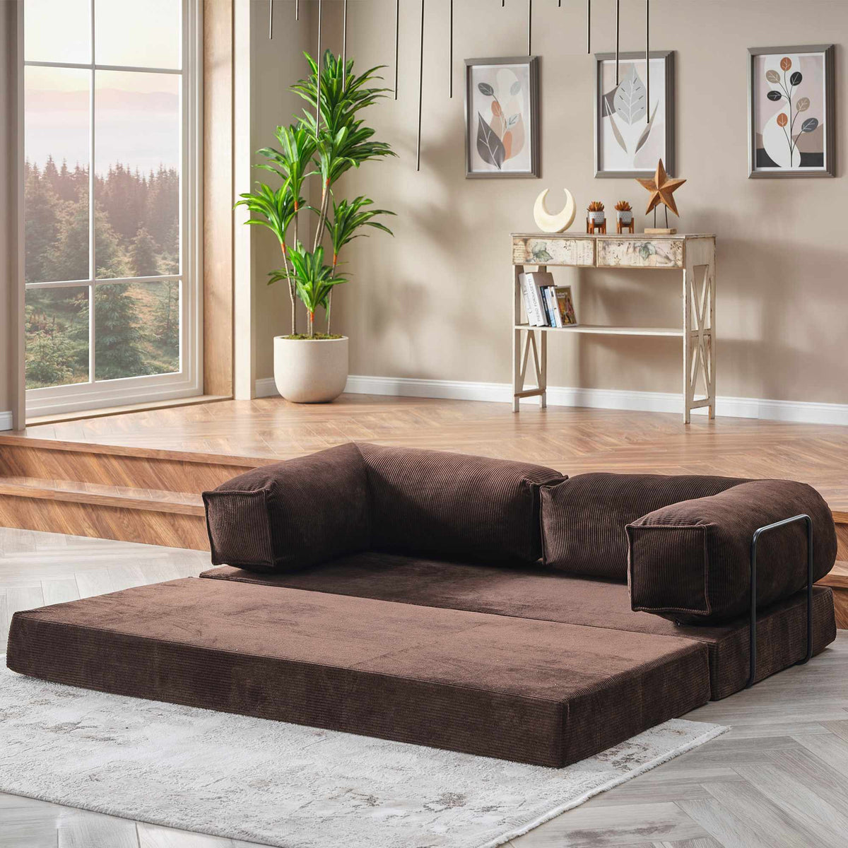 Braunes 2-Sitzer Schlafsofa aus Polyester und Leinen mit Schaumstoffpolsterung, Eisenstützstreben und rutschfester Sohle, Masse 180x90x66 cm.