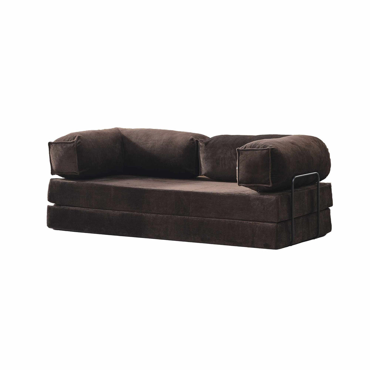 Braunes 2-Sitzer Schlafsofa aus Polyester und Leinen mit Schaumstoffpolsterung, Eisenstützstreben und rutschfester Sohle, Masse 180x90x66 cm.