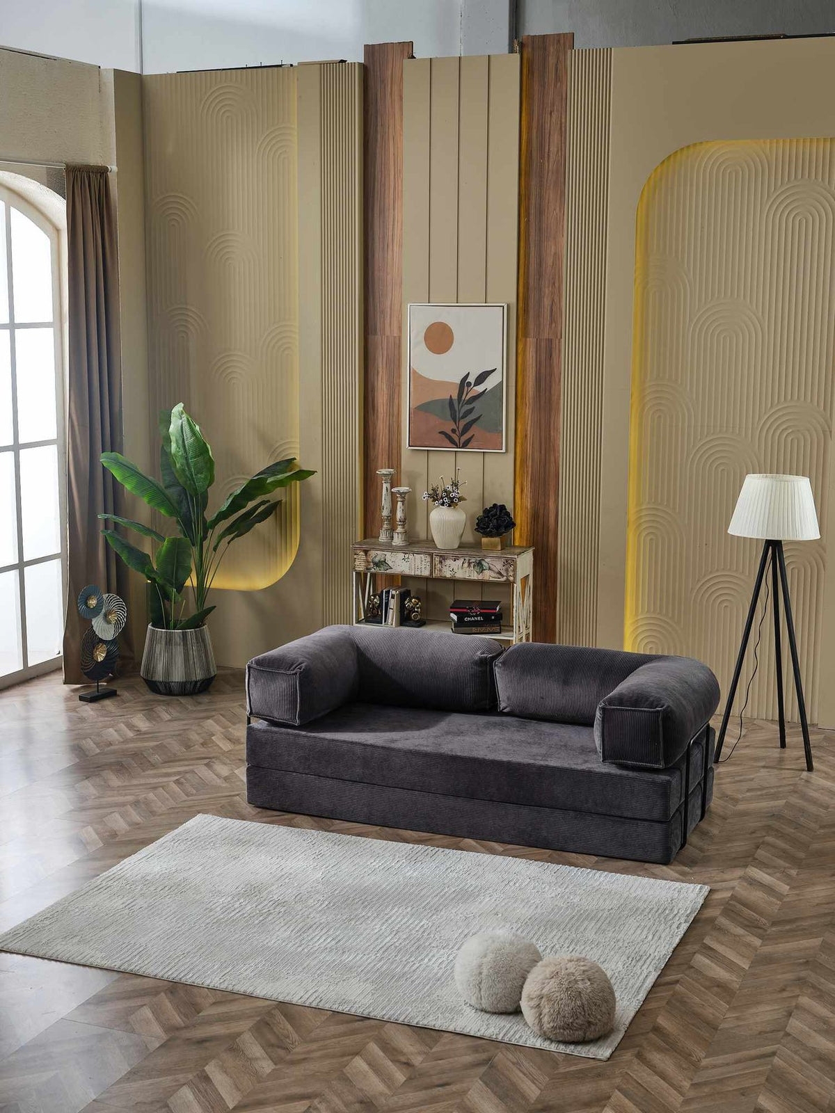Anthrazitfarbenes 2-Sitzer Schlafsofa Kanepe 180 aus Polyester-Leinen-Stoff mit Eisengestell, Sitzhöhe 36 cm und ausklappbarer Liegefläche 180x180 cm