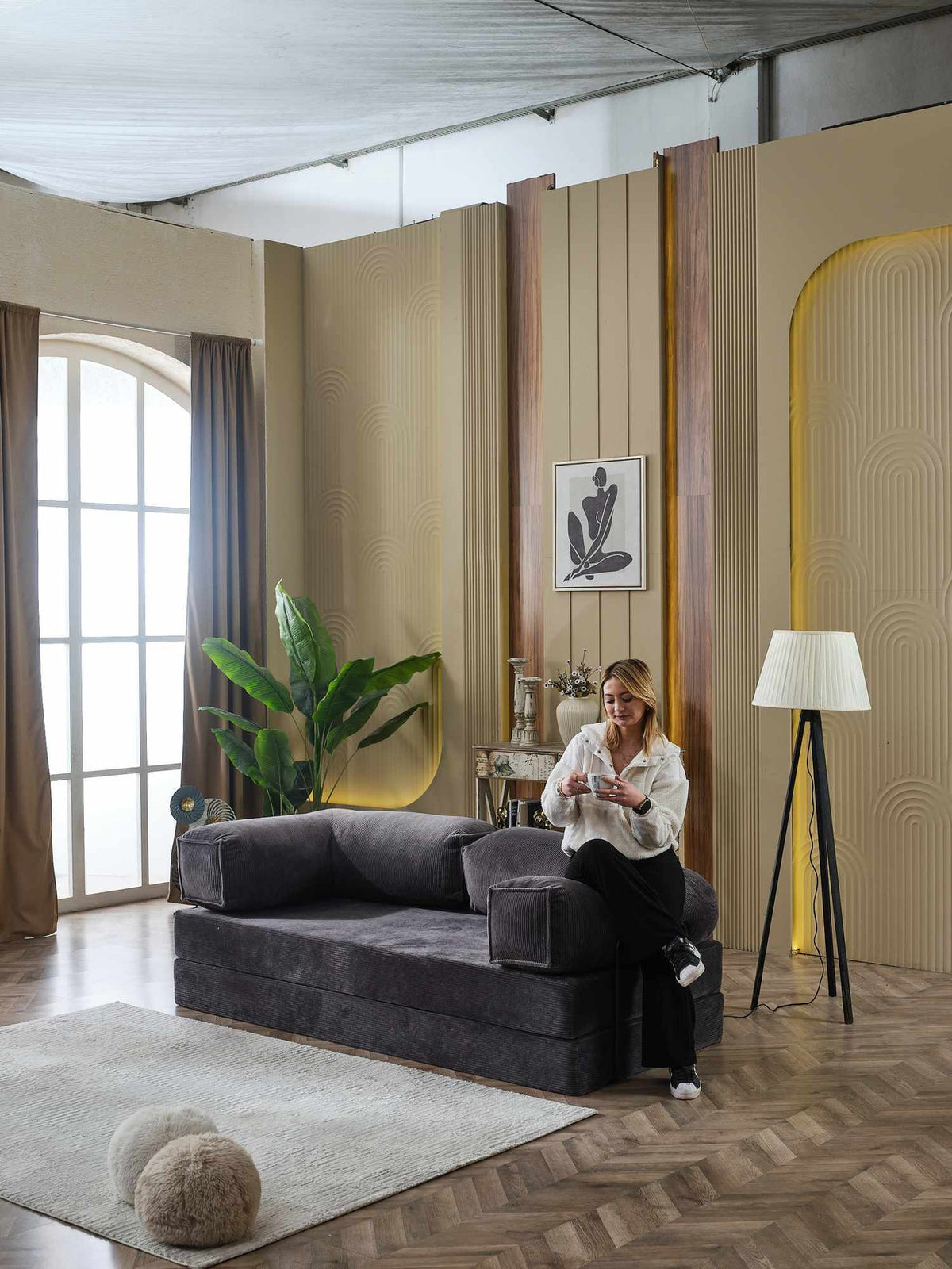 Anthrazitfarbenes 2-Sitzer Schlafsofa Kanepe 180 aus Polyester-Leinen-Stoff mit Eisengestell, Sitzhöhe 36 cm und ausklappbarer Liegefläche 180x180 cm