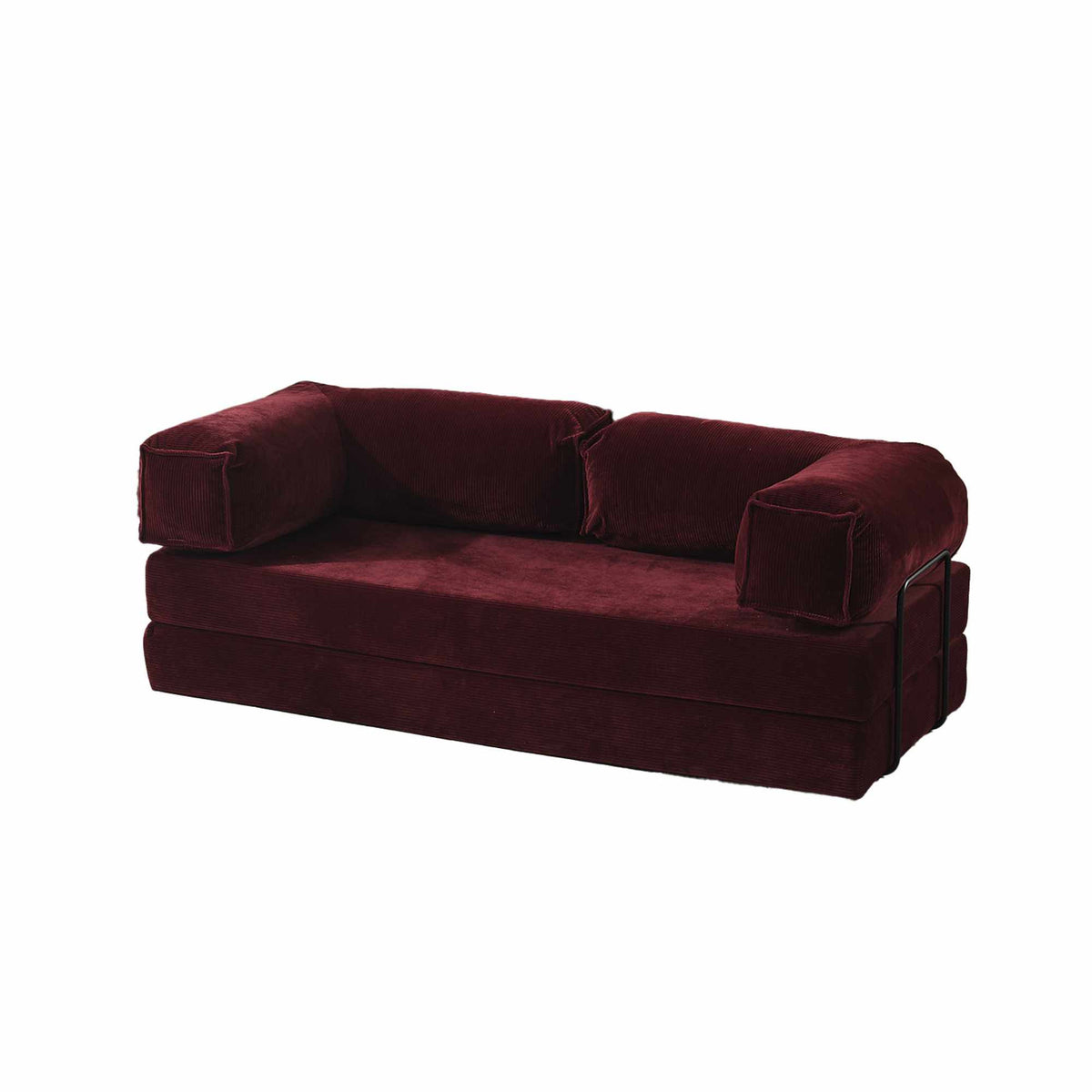 Bordeauxrotes 2-Sitzer Schlafsofa aus Polyester und Leinen mit Eisenstützstreben, Masse 180x90x66 cm, ausgeklappt als Bett 180x180 cm.