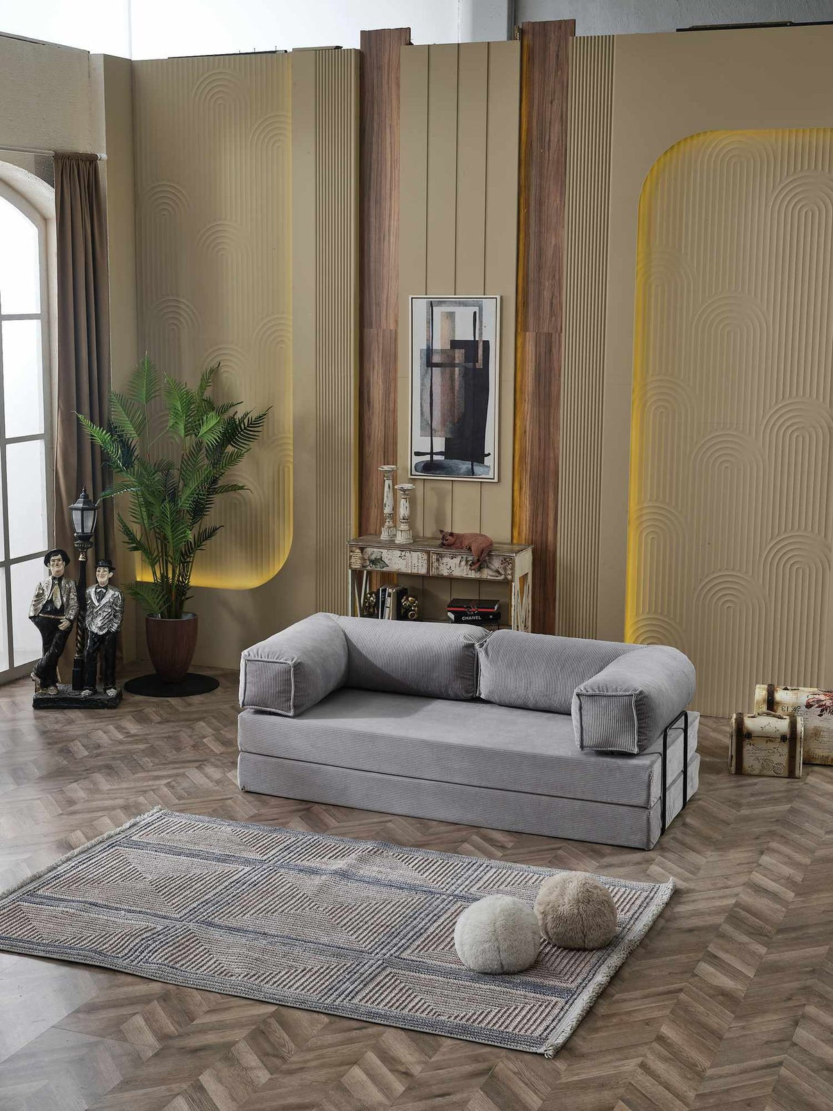 Silbernes 2-Sitzer Schlafsofa Kanepe 180 von Hanah Home aus Polyester und Leinen mit Eisenstützstreben, ausgeklappt als Bett 180x180 cm.