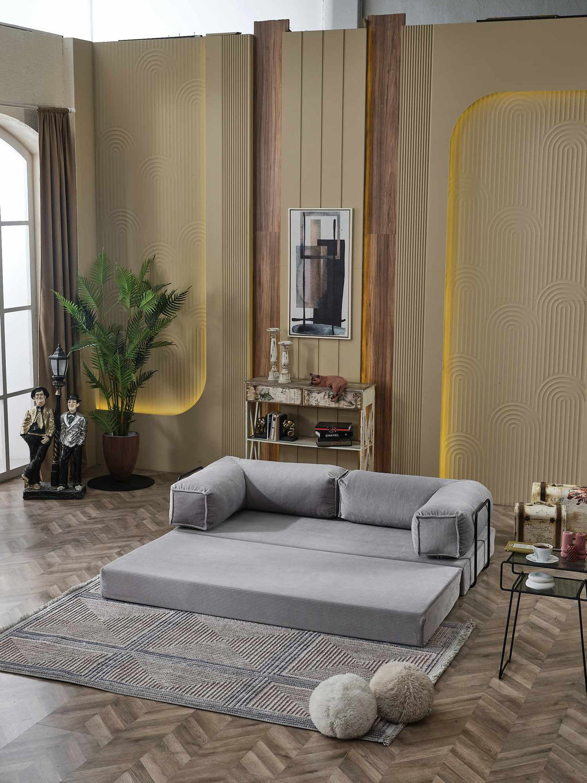 Silbernes 2-Sitzer Schlafsofa Kanepe 180 von Hanah Home aus Polyester und Leinen mit Eisenstützstreben, ausgeklappt als Bett 180x180 cm.