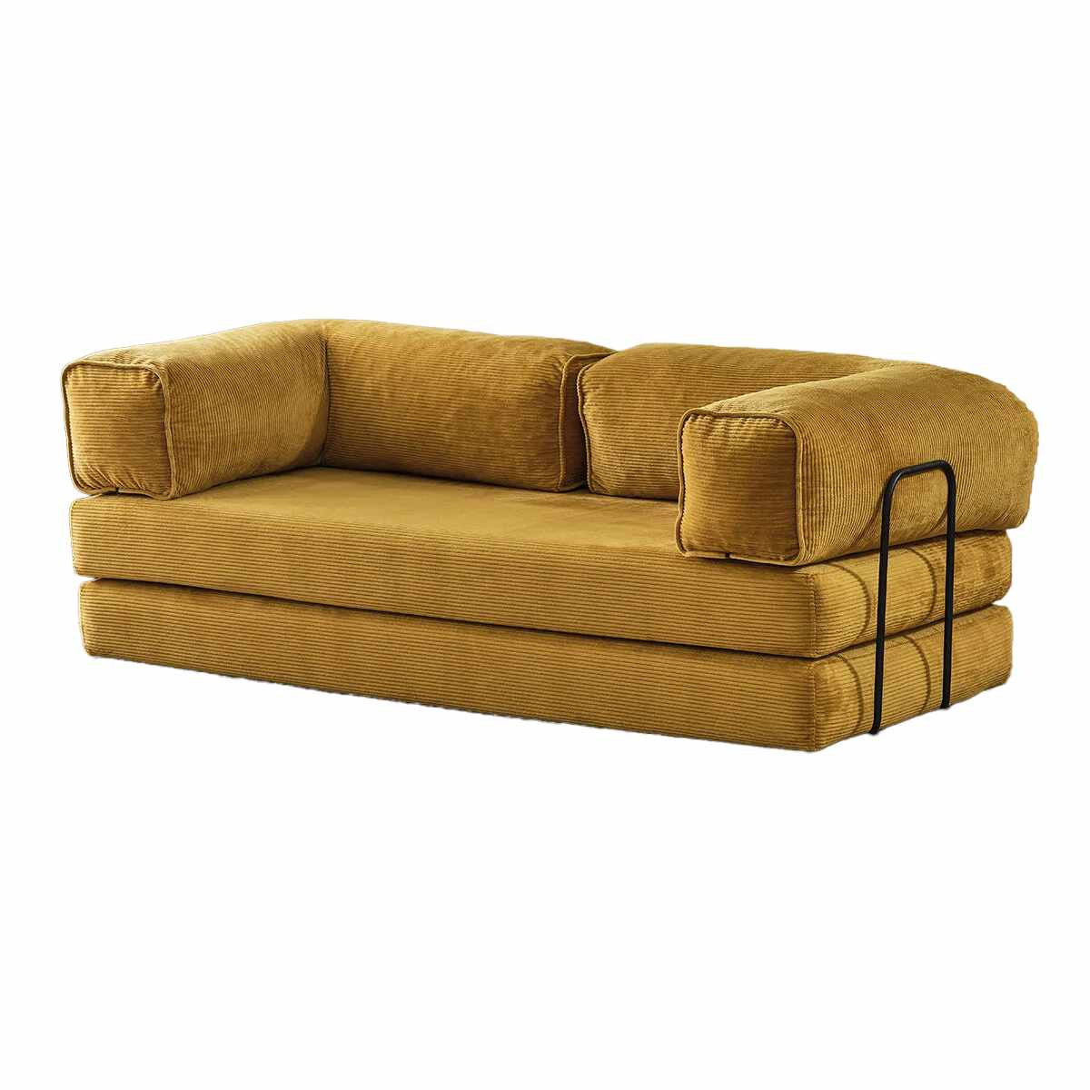 Senfgelbes 3-Sitzer Schlafsofa Kanepe 200 aus Polyester-Leinen-Stoff mit Eisenstützstreben, ausgeklappt als Bettfläche 200 x 200 cm sichtbar.