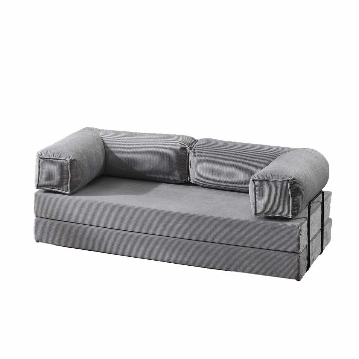 Silberfarbenes 3-Sitzer Schlafsofa aus Polyester und Leinen mit ausklappbarer Liegefläche, Eisengestell und schlichtem, geradlinigem Design.