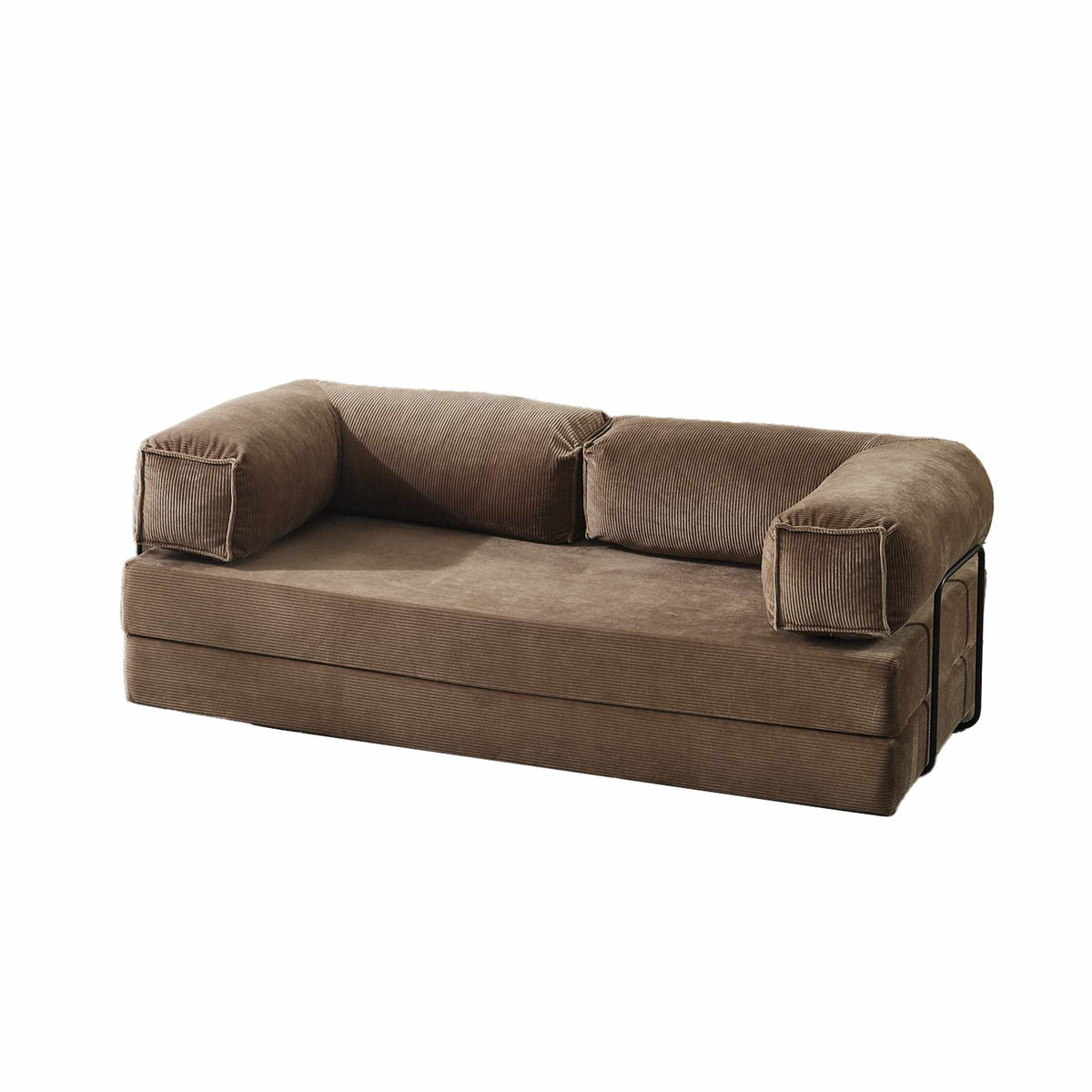 Dreisitzer-Schlafsofa Kanepe 200 von Hanah Home in Mink-Farbton, Bezug aus Polyester und Leinen, mit sichtbaren Eisenstützstreben und abnehmbarem Sofabezug.