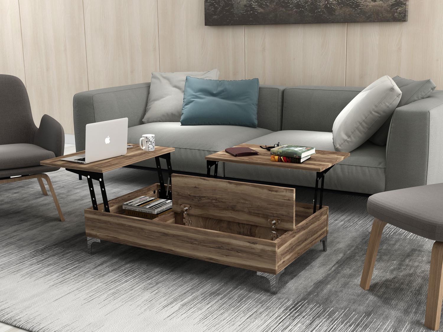 Eleganter Esinti Sofatisch aus Walnuss von Hanah Home. Ideal für stilvolle Wohnräume, vereint Funktionalität und zeitloses Design.